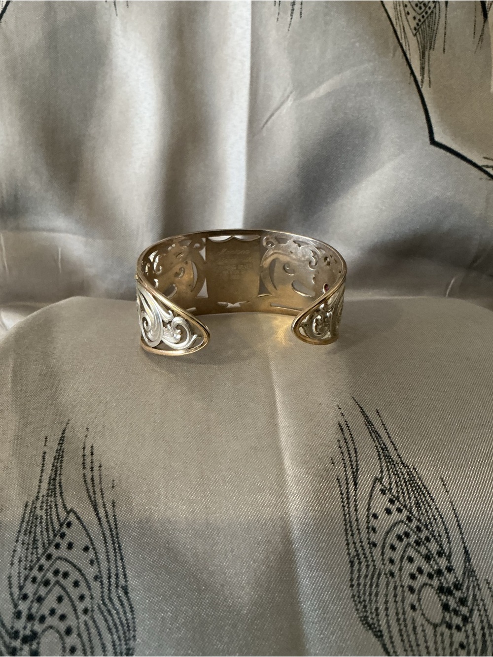 Montana Silversmiths Two-Tone NFR Western Scroll Cuff Bracelet with Ruby Accents - Picture 6 of 8
